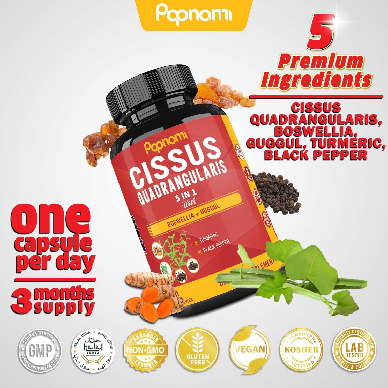 Super Cissus Quadrangularis Extract Capsules with Boswellia, Guggul, Turmeric, Pepper - 90 Day Supply