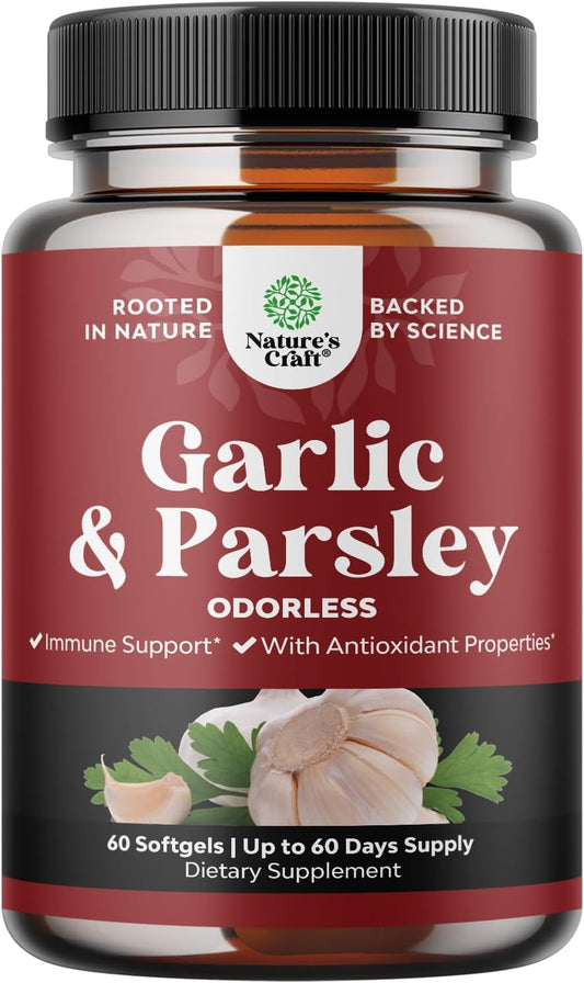 Super Concentrated Odorless Garlic Softgels with Parsley for Immune Support and Heart Health - Non GMO, Gluten Free Antioxidant Supplement