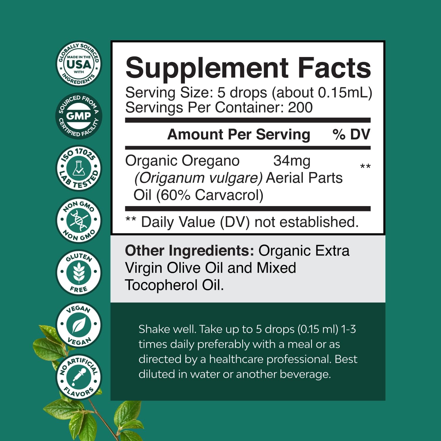 Super Concentrated Organic Oregano Oil Drops with Carvacrol 60% - Heart & Digestion Support - Immunity Booster - 30 ml Vegan Tincture