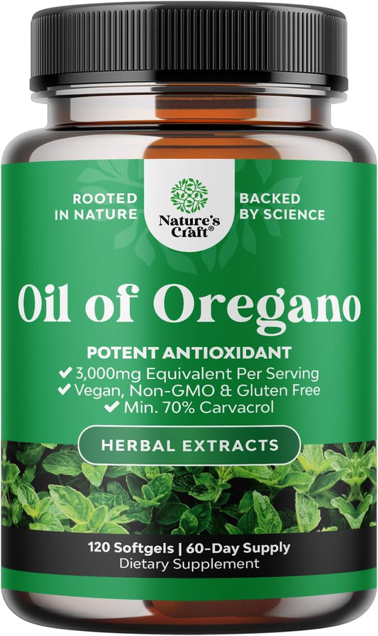 Super Concentrated Wild Oregano Oil Softgels with Carvacrol 70% - Herbal Supplement for Heart Health, Digestion, and Immunity - Vegan, Non-GMO - 120 Count