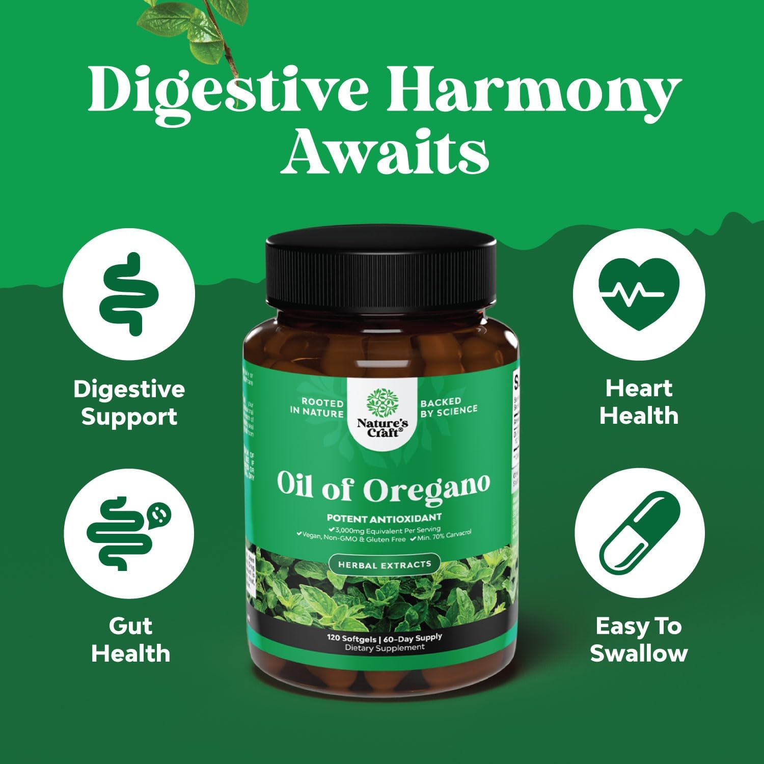 Super Concentrated Wild Oregano Oil Softgels with Carvacrol 70% - Herbal Supplement for Heart Health, Digestion, and Immunity - Vegan, Non-GMO - 120 Count