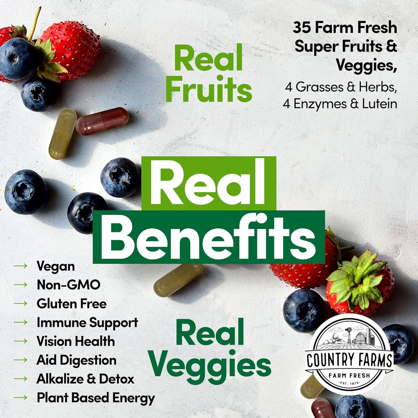 Super Fruits and Veggies Capsules - Whole Food Supplement with Antioxidants for Energy and Immune Health - 30 Servings