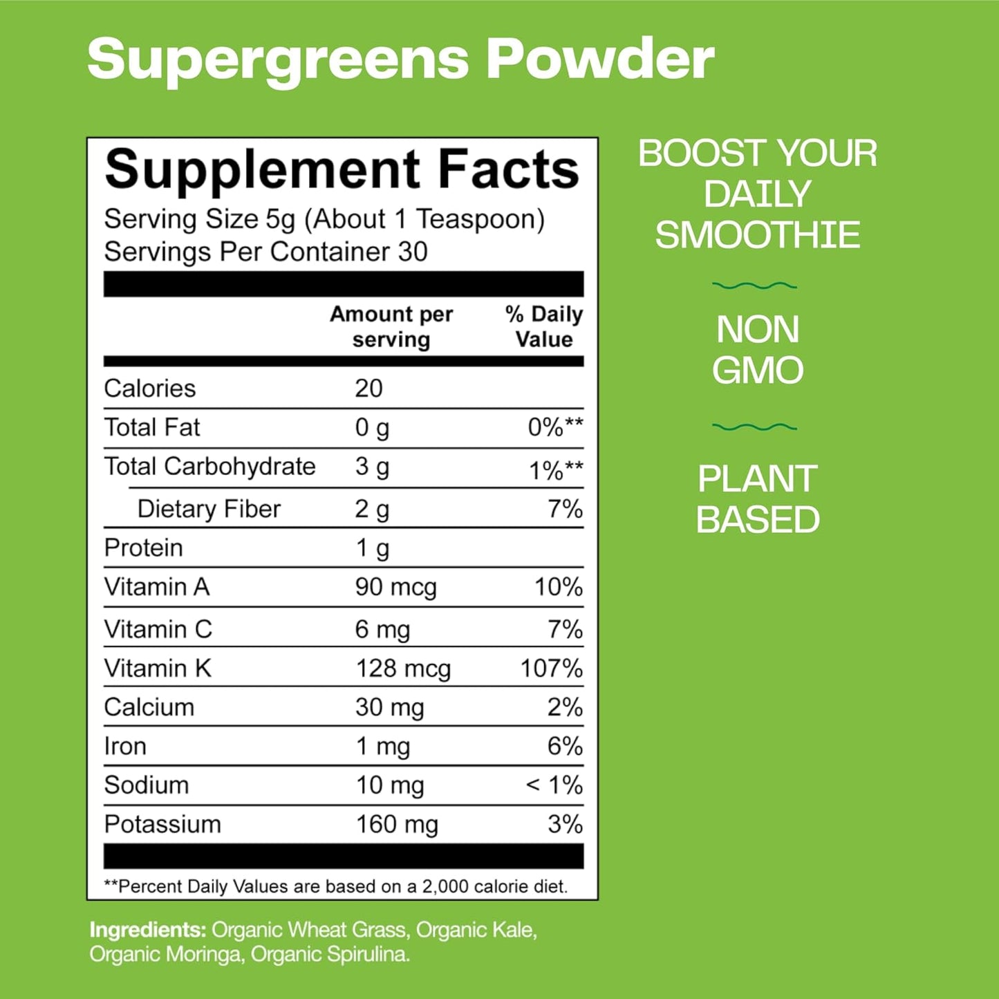 Super Greens Booster Powder: Spirulina, Moringa, Wheat Grass, Kale, Chlorophyll - 30 Servings