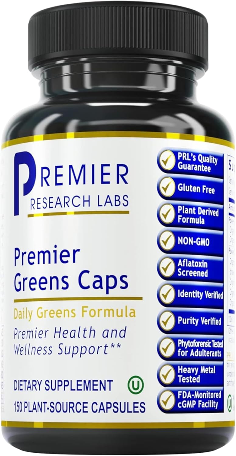 Super Greens Capsules with Kale, Chlorella - 150 Vegetarian Capsules for Wellness - Greens Supplements with Leafy Greens - Premier Research Labs