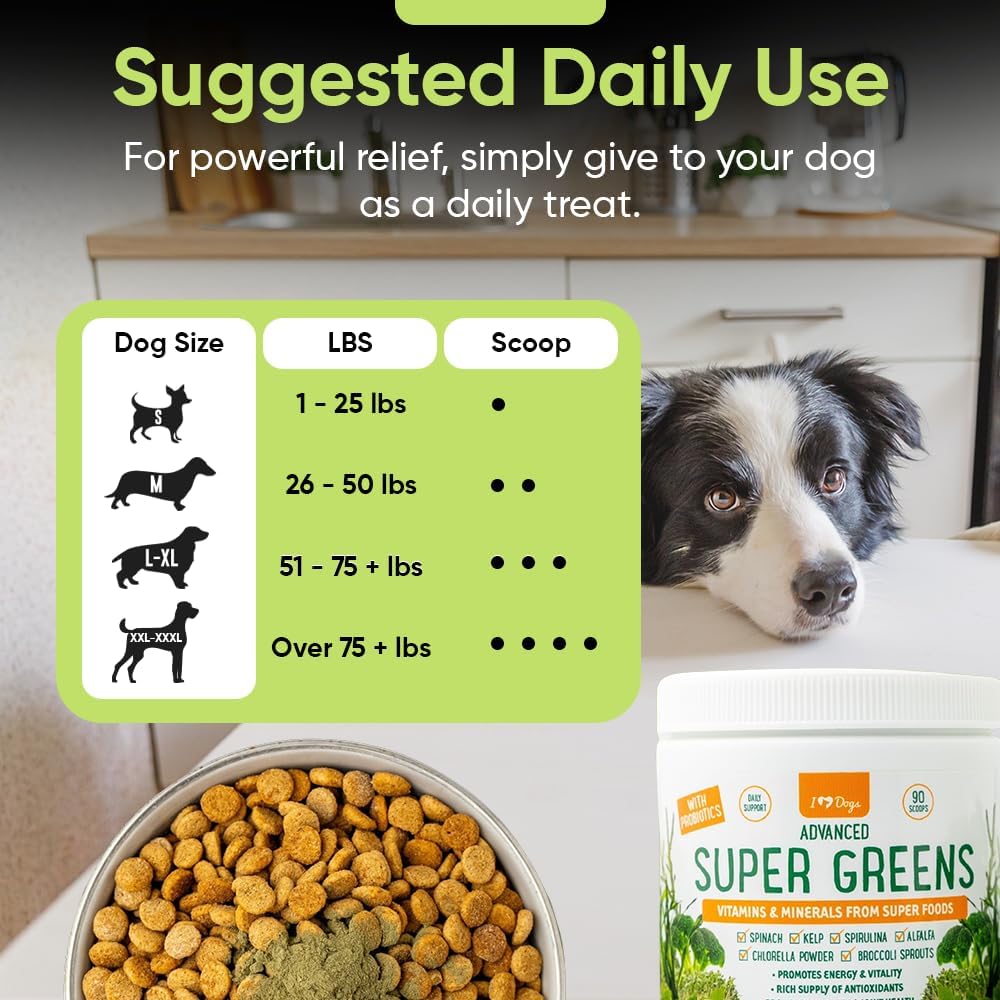 Super Greens for Dogs with Broccoli Sprouts & Spirulina Powder - Boost Immune System & Fight Allergies - Nutrient-Rich Dog Supplement with Vitamins & Antioxidants