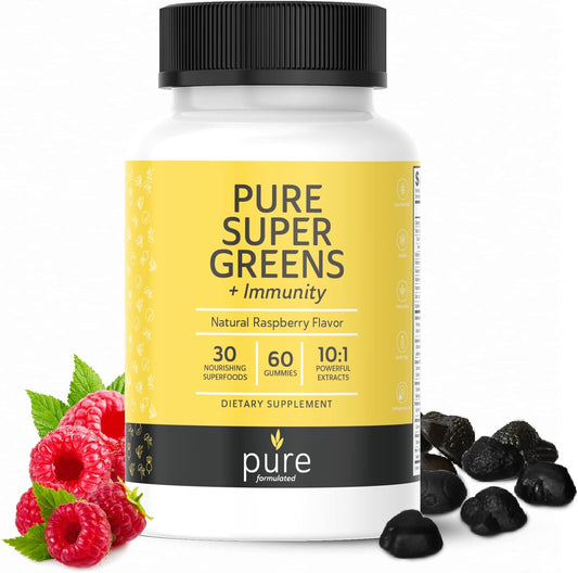 Super Greens Multivitamin Gummies for Adults - Immune Support with 30 Superfoods - Vegan Raspberry Flavor - 60 Gummies