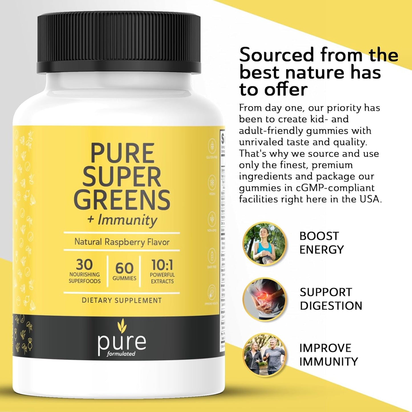 Super Greens Multivitamin Gummies for Adults - Immune Support with 30 Superfoods - Vegan Raspberry Flavor - 60 Gummies