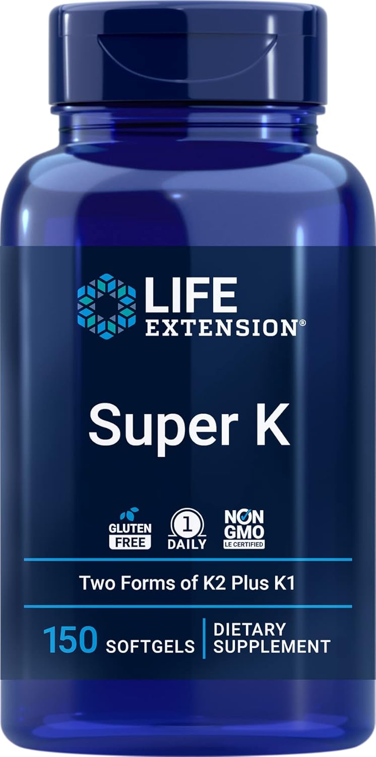 Super K Life Extension 150 Softgels with Vitamin K1 and K2 (MK4 & MK7) for Enhanced Health