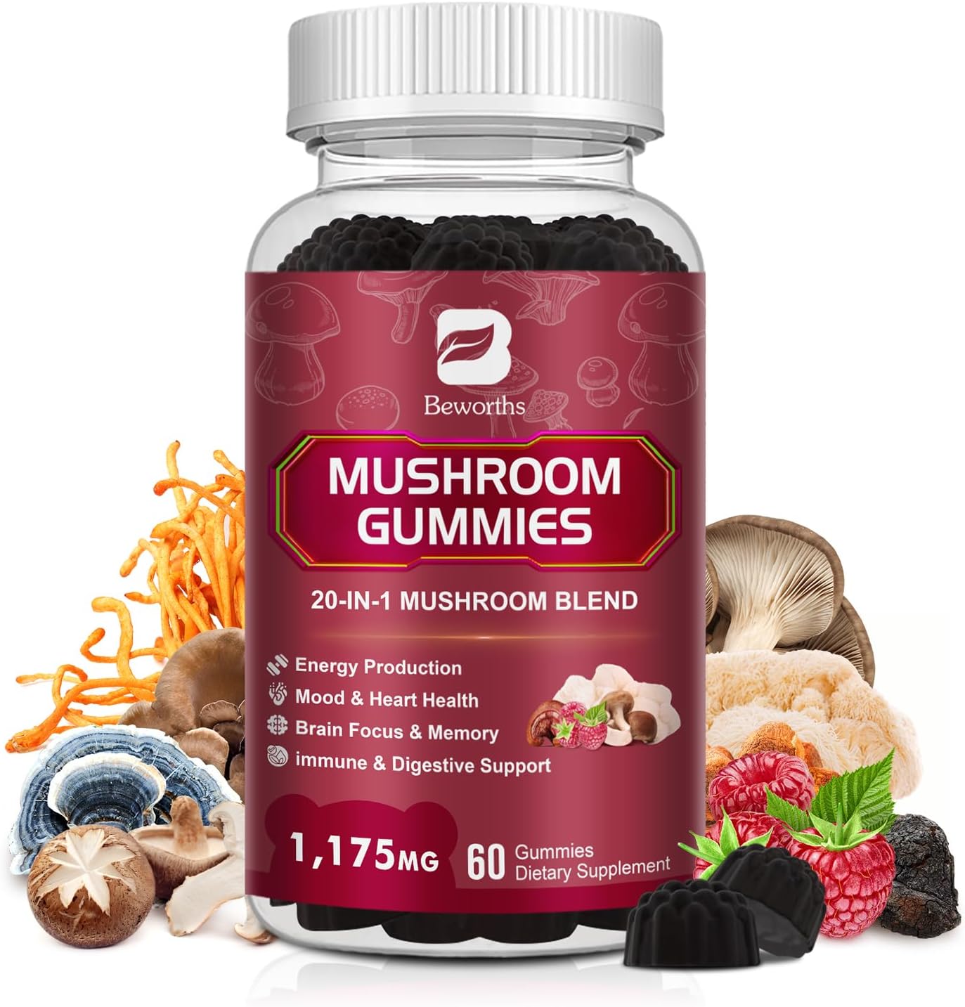 Super Mushroom Complex Gummies with Lion's Mane, Cordyceps, Reishi - Support Brain Health & Focus, Non-GMO, Raspberry Flavor, 60 Gummies