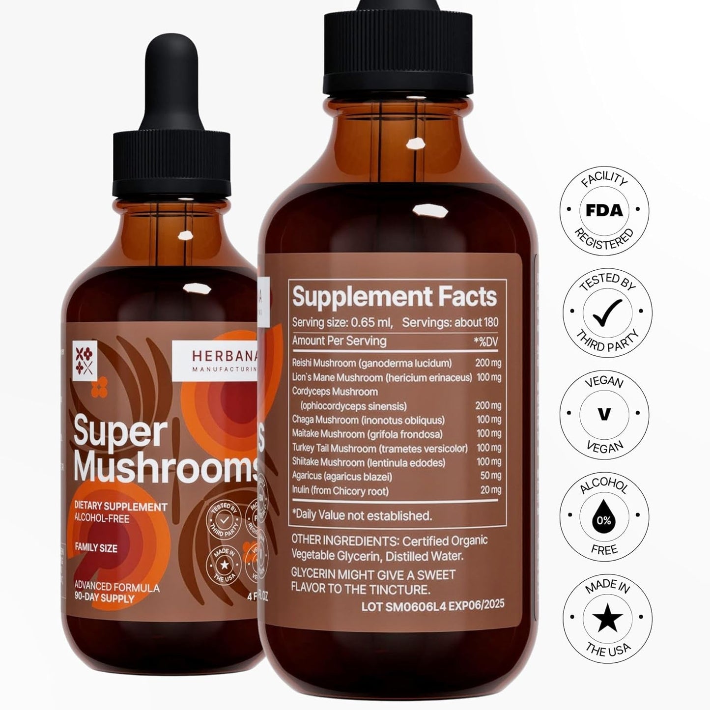 Super Mushrooms 8-in-1 Liquid Extract - Brain Booster & Immune Support - Reishi, Lion`s Mane, Cordyceps, Chaga, Mitake, Turkey Tails, Shiitake, Agaricus - High Potency - 4 fl oz - 90-Day Supply