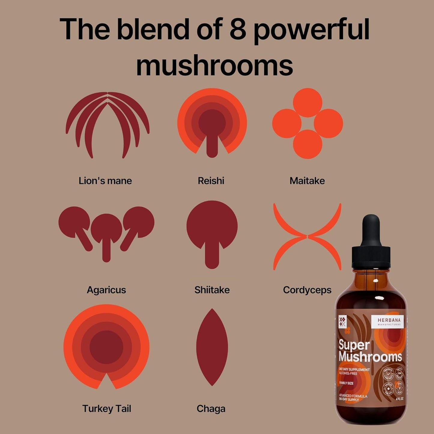 Super Mushrooms 8-in-1 Liquid Extract - Brain Booster & Immune Support - Reishi, Lion`s Mane, Cordyceps, Chaga, Mitake, Turkey Tails, Shiitake, Agaricus - High Potency - 4 fl oz - 90-Day Supply