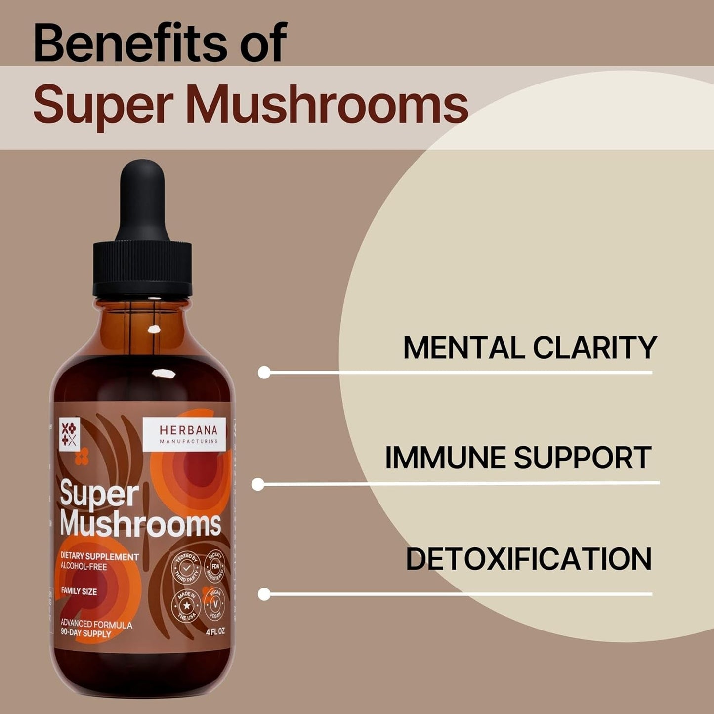 Super Mushrooms 8-in-1 Liquid Extract - Brain Booster & Immune Support - Reishi, Lion`s Mane, Cordyceps, Chaga, Mitake, Turkey Tails, Shiitake, Agaricus - High Potency - 4 fl oz - 90-Day Supply
