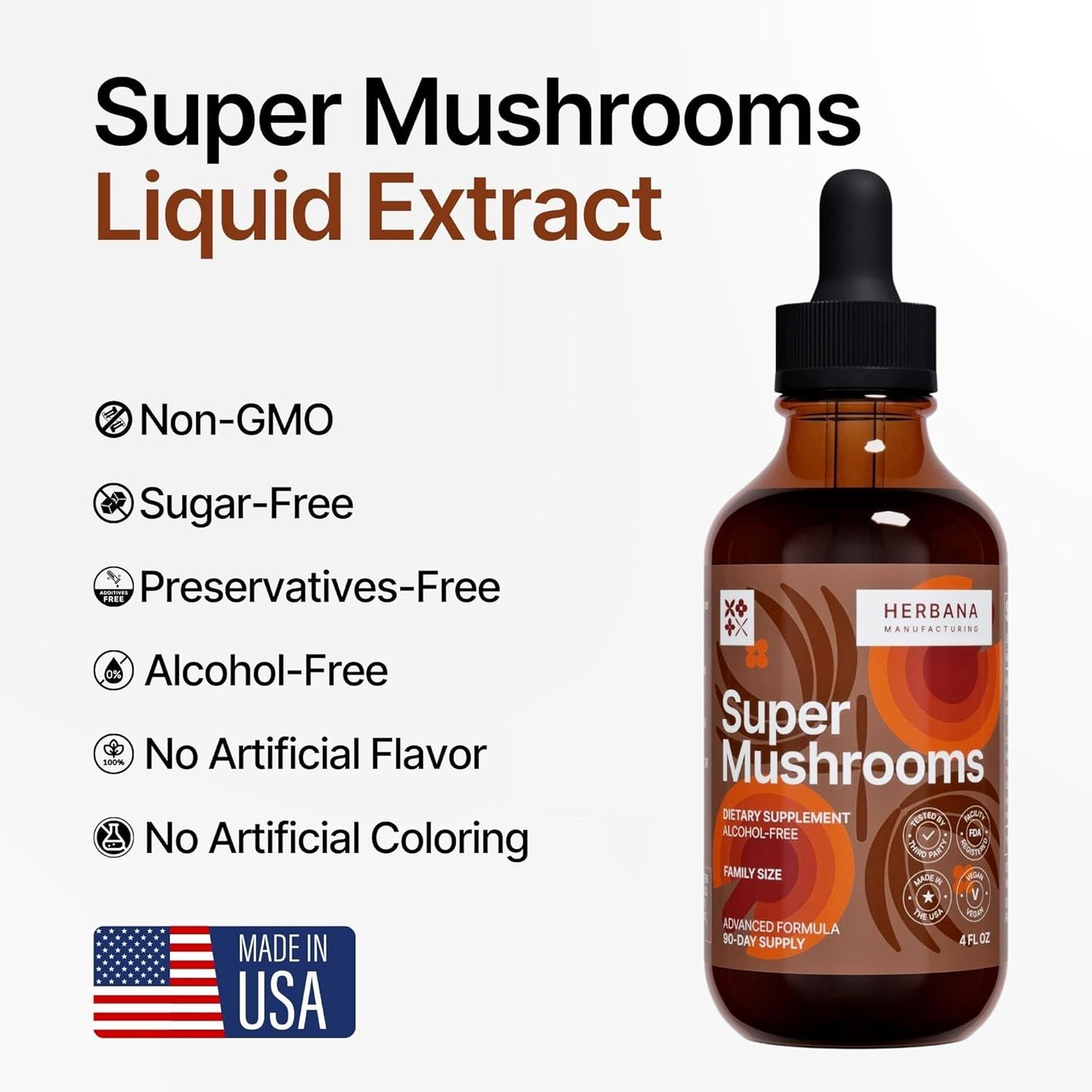 Super Mushrooms 8-in-1 Liquid Extract - Brain Booster & Immune Support - Reishi, Lion`s Mane, Cordyceps, Chaga, Mitake, Turkey Tails, Shiitake, Agaricus - High Potency - 4 fl oz - 90-Day Supply