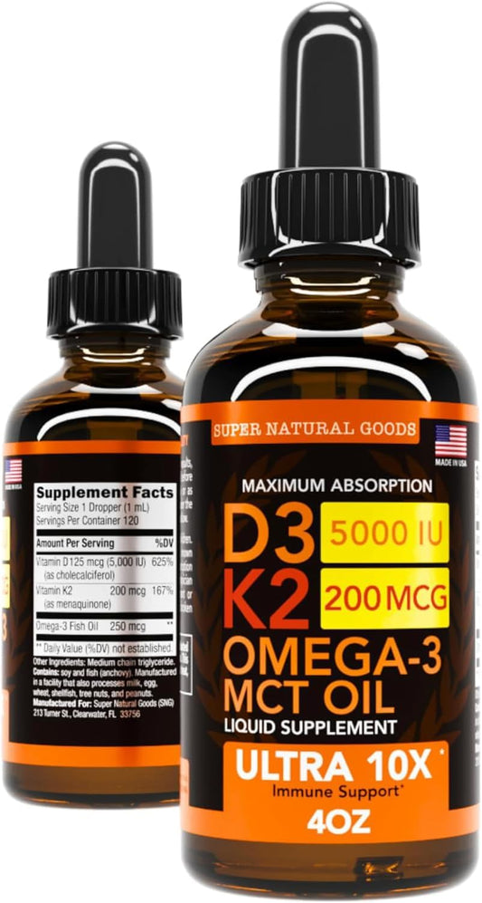 Super Natural Goods Vitamin D3 K2 Liquid Drops 5000 IU (4oz) - Maximum Strength Bone, Heart, Joint, Muscle Support Supplement with Fast Absorption Formula - 4 in 1 Complex Formula with MCT Oil & Omega 3 - Non-GMO