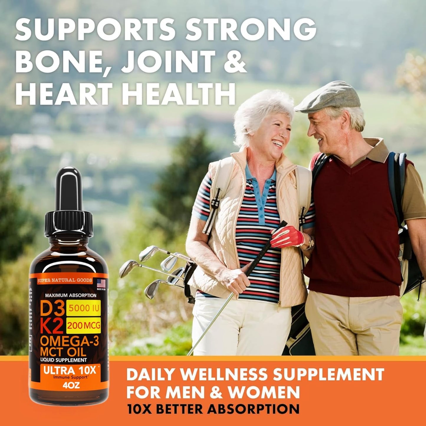 Super Natural Goods Vitamin D3 K2 Liquid Drops 5000 IU (4oz) - Maximum Strength Bone, Heart, Joint, Muscle Support Supplement with Fast Absorption Formula - 4 in 1 Complex Formula with MCT Oil & Omega 3 - Non-GMO