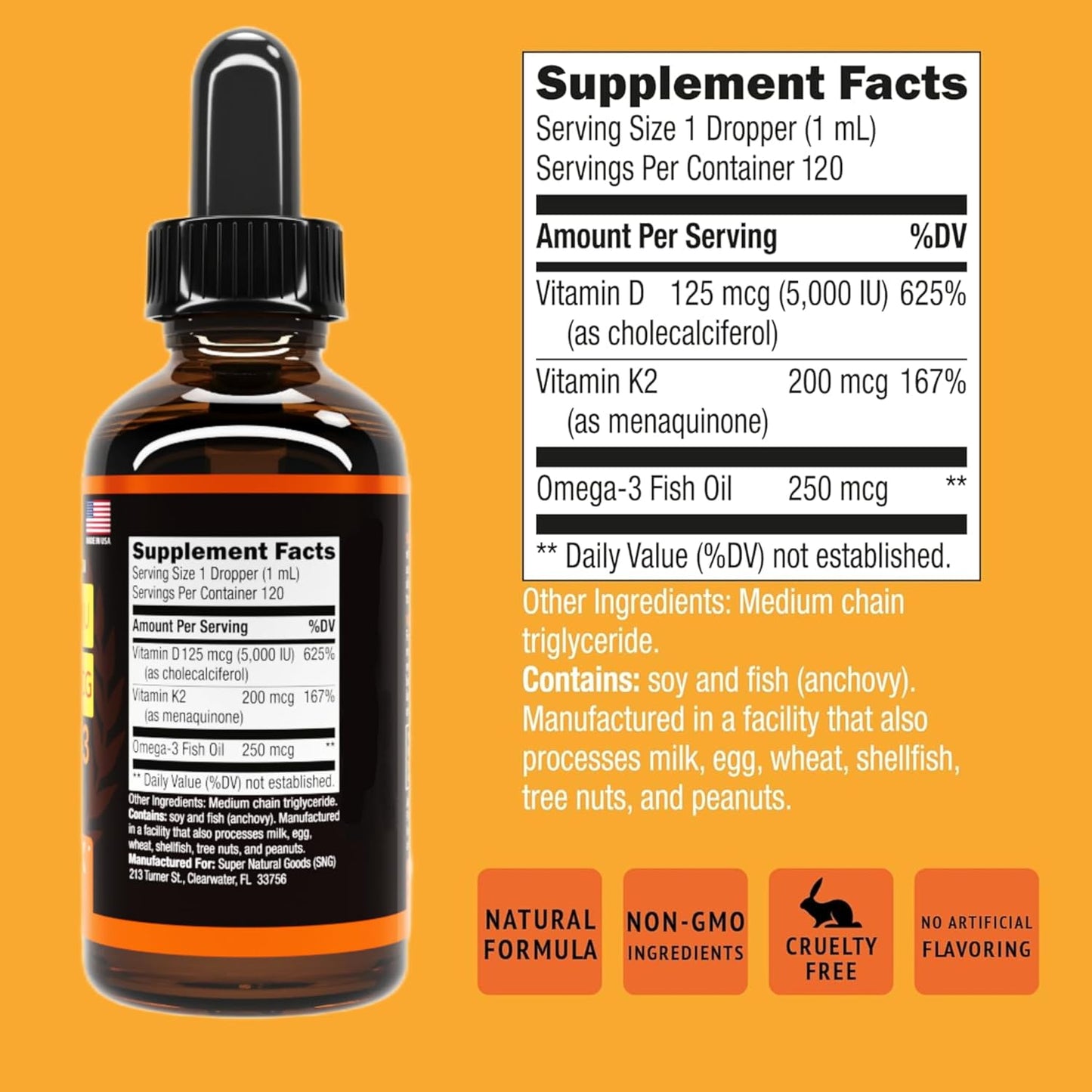 Super Natural Goods Vitamin D3 K2 Liquid Drops 5000 IU (4oz) - Maximum Strength Bone, Heart, Joint, Muscle Support Supplement with Fast Absorption Formula - 4 in 1 Complex Formula with MCT Oil & Omega 3 - Non-GMO
