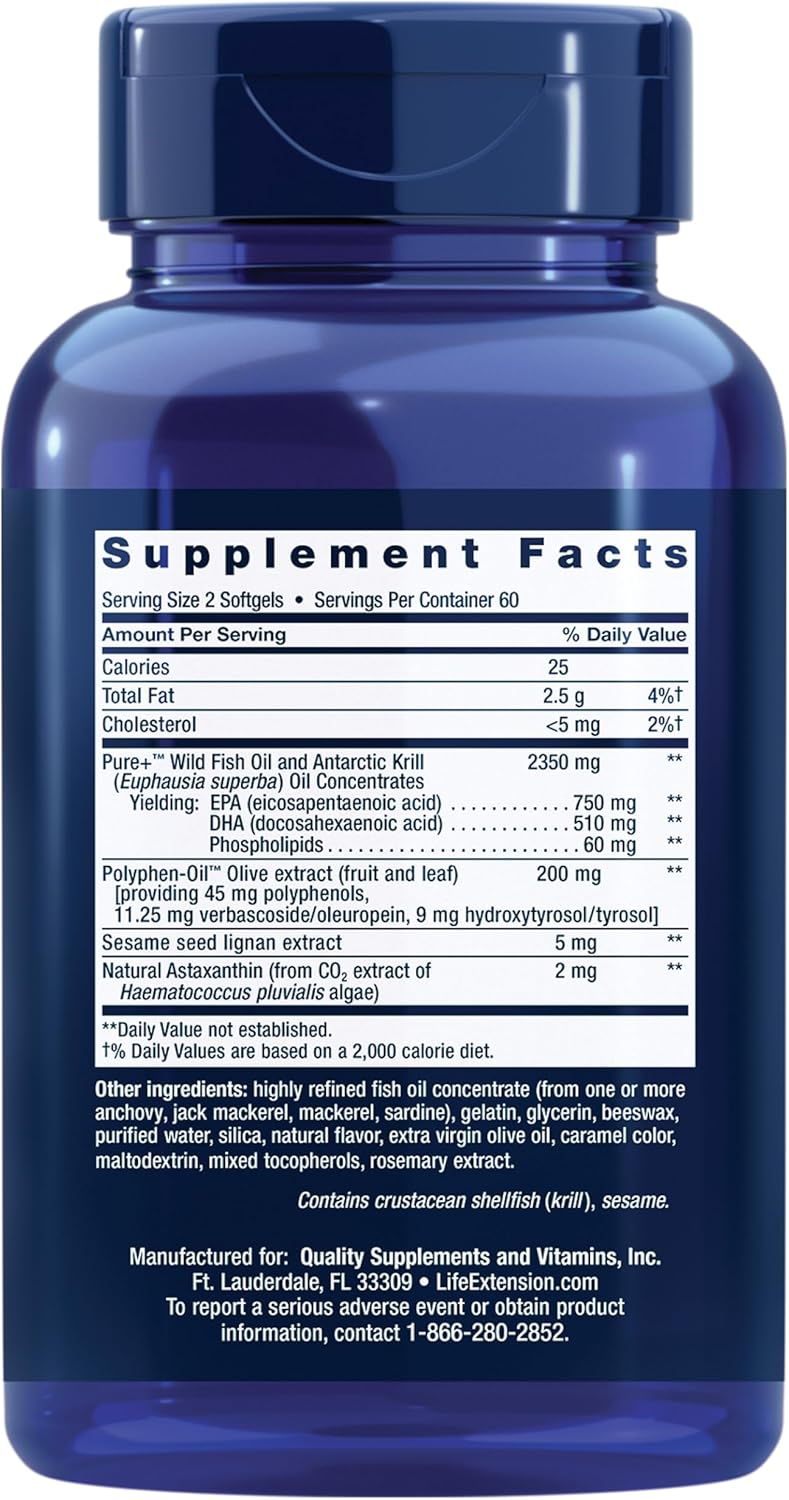 Super Omega-3 Fish Oil Supplement with EPA/DHA, Sesame Lignans, Olive Extract, Krill, Astaxanthin - Lemon Flavor - 120 Count