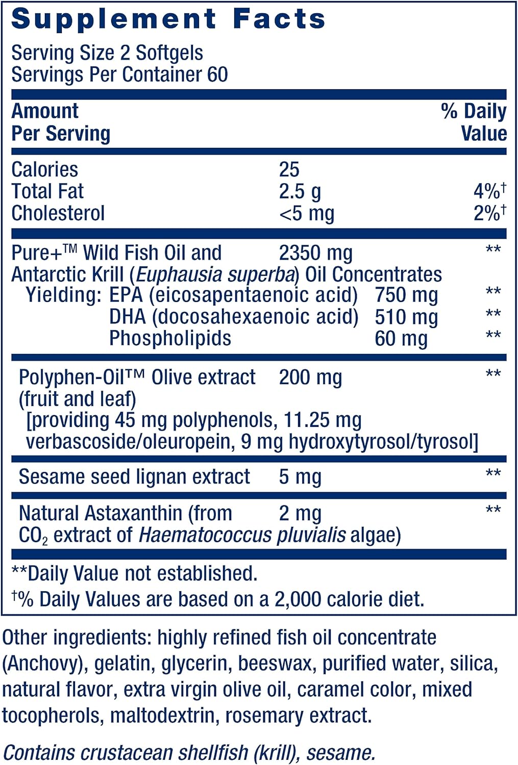 Super Omega-3 Fish Oil Supplement with EPA/DHA, Sesame Lignans, Olive Extract, Krill, Astaxanthin - Lemon Flavor - 120 Count