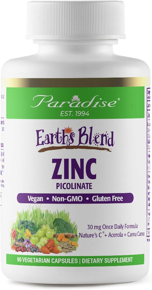 Super Potent Paradise Herbs Zinc Supplements with Picolinate and Natures C - 30 mg, 90 Capsules for Immune Support - Ultra Pure, Gluten Free, Non-GMO, Vegan