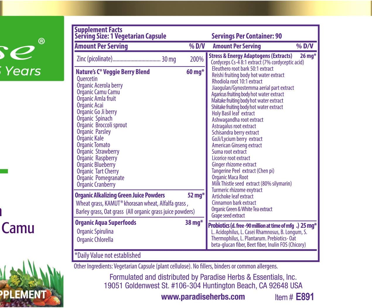 Super Potent Paradise Herbs Zinc Supplements with Picolinate and Natures C - 30 mg, 90 Capsules for Immune Support - Ultra Pure, Gluten Free, Non-GMO, Vegan