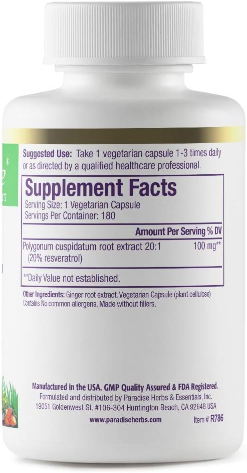 Super Potent Vegan Resveratrol Antioxidant from Paradise Herbs - Non GMO, Gluten Free, 180 Capsules