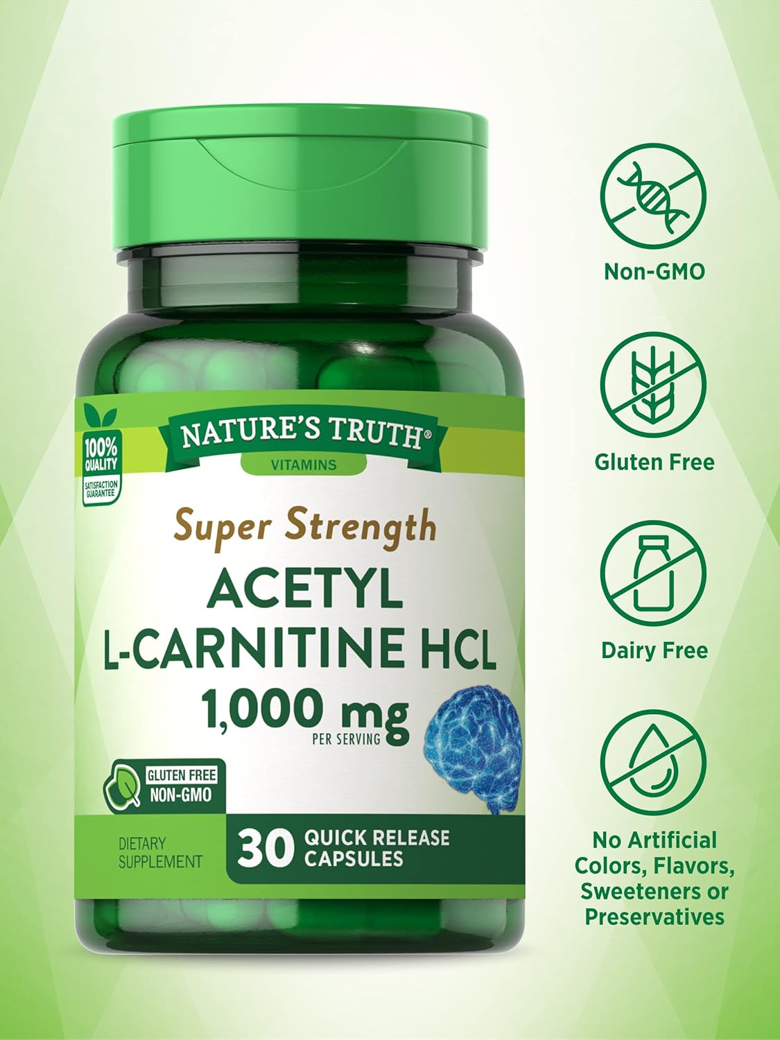 Super Strength Acetyl L-Carnitine 1000mg Capsules - 30 Count, Non-GMO & Gluten-Free Supplement by Nature's Truth