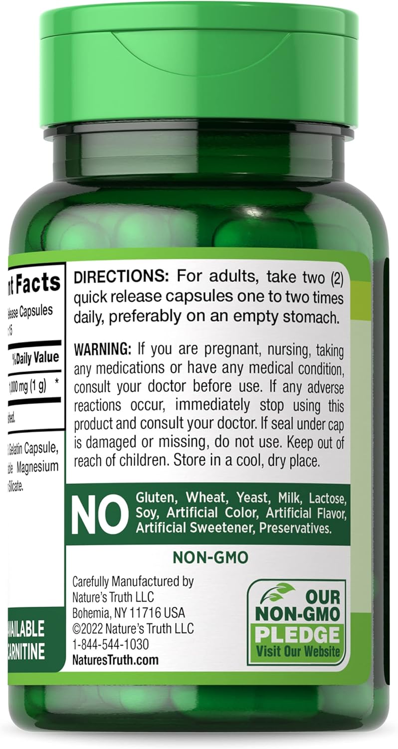 Super Strength Acetyl L-Carnitine 1000mg Capsules - 30 Count, Non-GMO & Gluten-Free Supplement by Nature's Truth