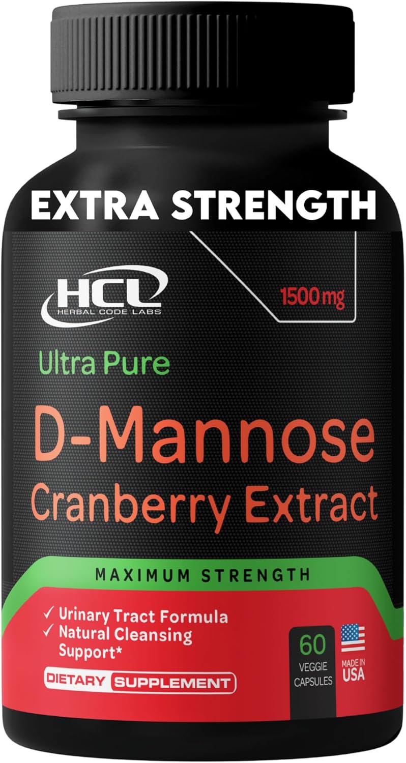 Super Strength HCL Herbal Code Labs D-Mannose with Cranberry Extract Capsules for Fast UTI Relief - 1500mg Bladder Health Supplement