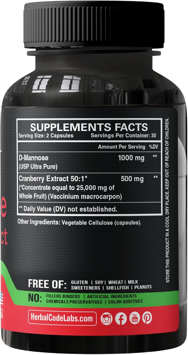 Super Strength HCL Herbal Code Labs D-Mannose with Cranberry Extract Capsules for Fast UTI Relief - 1500mg Bladder Health Supplement