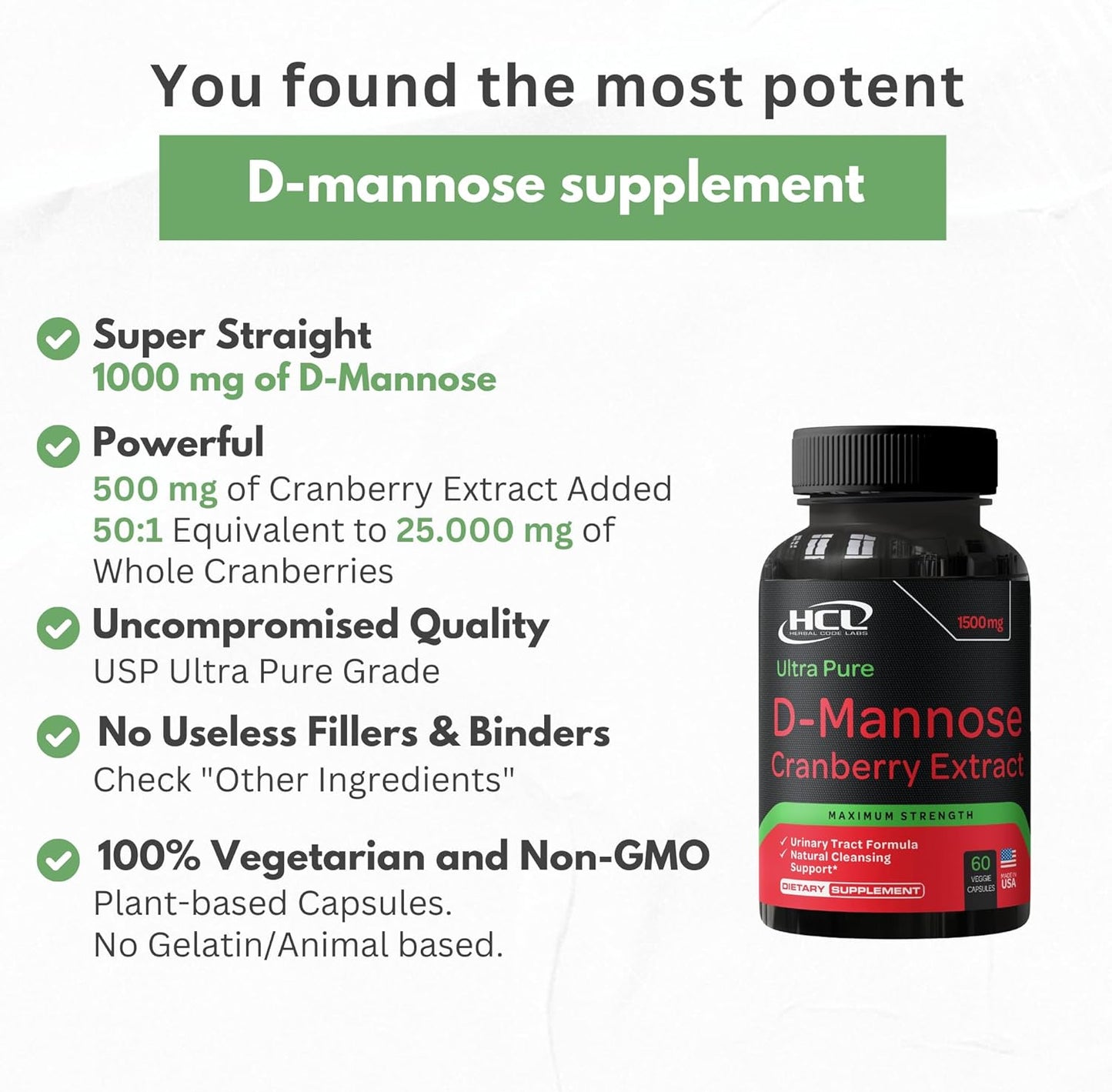 Super Strength HCL Herbal Code Labs D-Mannose with Cranberry Extract Capsules for Fast UTI Relief - 1500mg Bladder Health Supplement