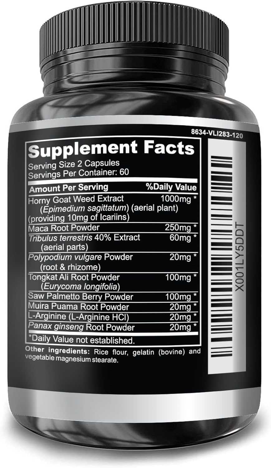 Super Strength Horny Goat Weed Capsules with Maca, Arginine, and Ginseng - Boost Health, Performance, and Energy - Joint Health for Men and Women - 120 Capsules