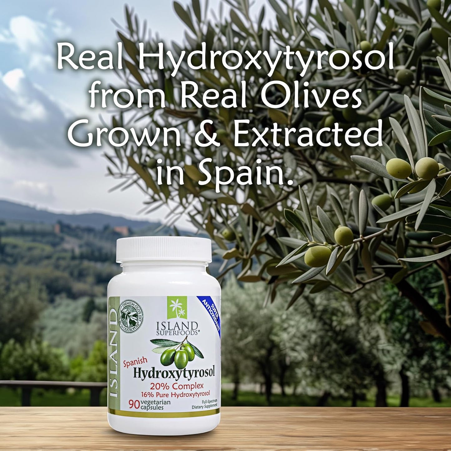 Super Strength Island Nutrition 20% Hydroxytyrosol Complex™ Olive Fruit Extract Capsules - 100% Grown & Extracted in Spain, 90 Capsules x 100 mg