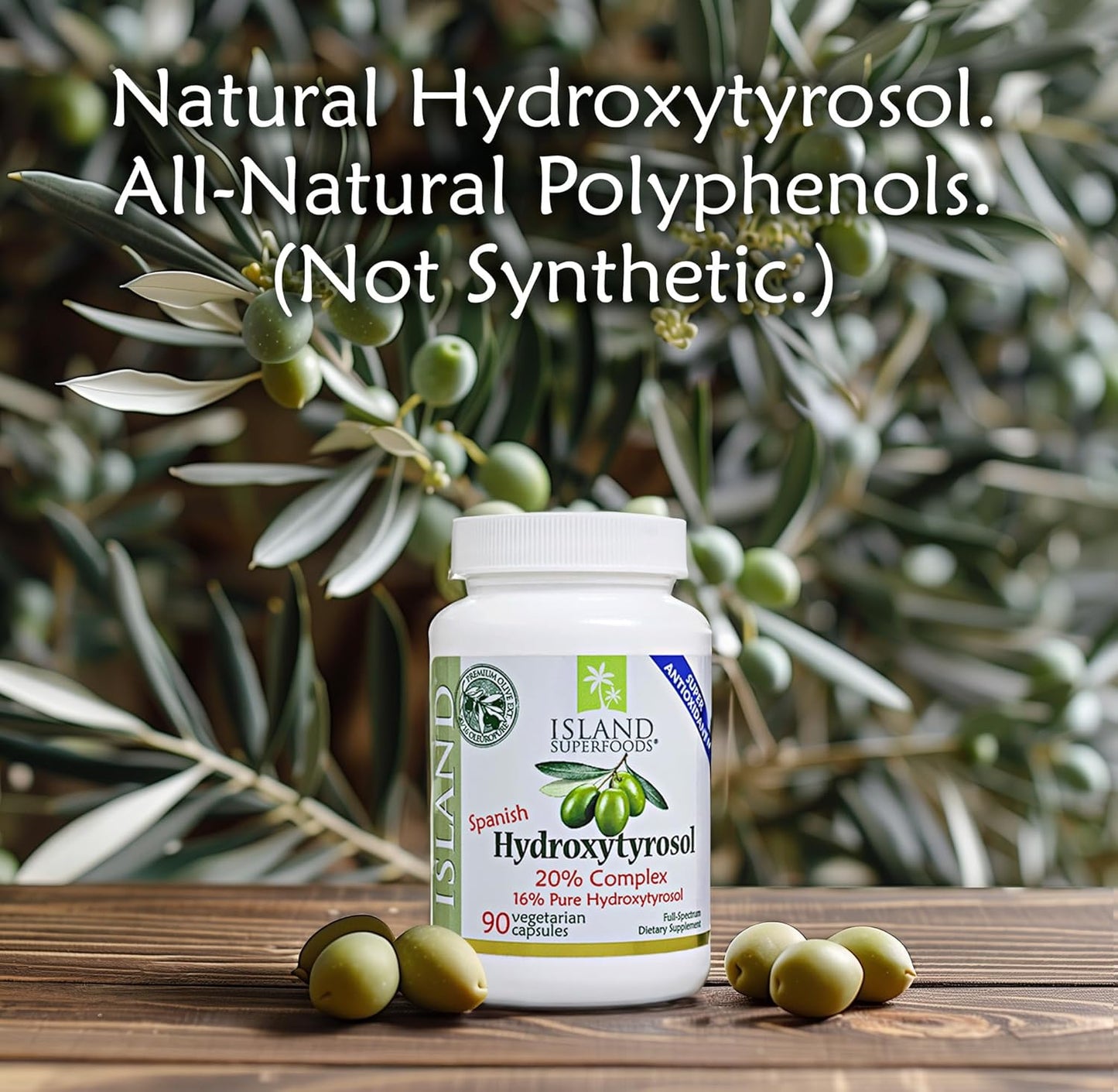 Super Strength Island Nutrition 20% Hydroxytyrosol Complex™ Olive Fruit Extract Capsules - 100% Grown & Extracted in Spain, 90 Capsules x 100 mg