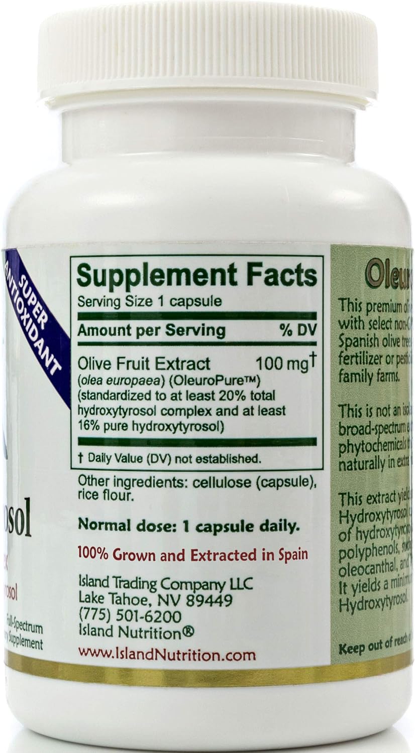 Super Strength Island Nutrition 20% Hydroxytyrosol Complex™ Olive Fruit Extract Capsules - 100% Grown & Extracted in Spain, 90 Capsules x 100 mg