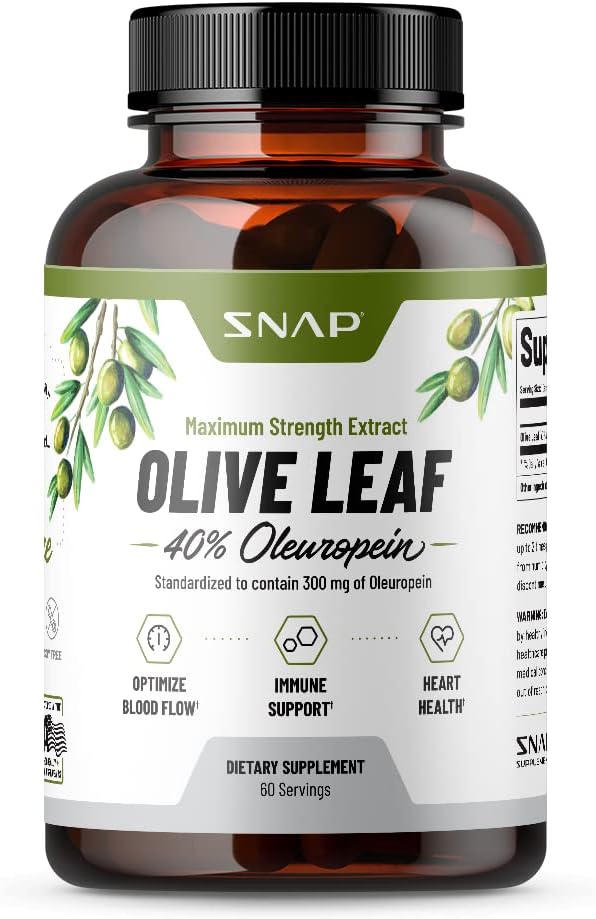 Super Strength Olive Leaf Extract Capsules - 40% Oleuropein for Blood Flow, Digestion, Antioxidant Boost, Brain Function - 60 Capsules