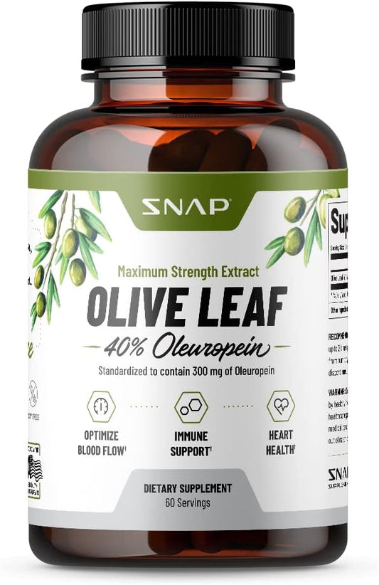 Super Strength Olive Leaf Extract Capsules - 40% Oleuropein for Blood Flow, Digestion, Antioxidant Boost, Brain Function - 60 Capsules