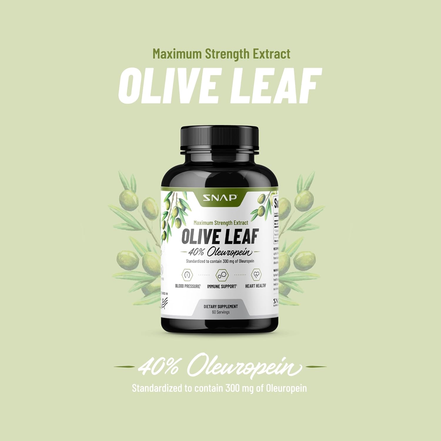 Super Strength Olive Leaf Extract Capsules - 40% Oleuropein for Blood Flow, Digestion, Antioxidant Boost, Brain Function - 60 Capsules