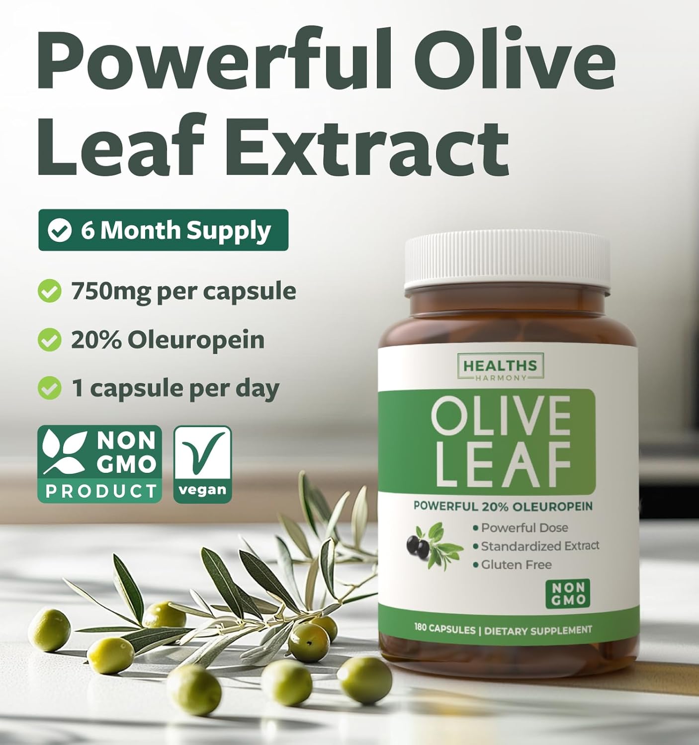 Super Strength Olive Leaf Extract Capsules - 750mg - Non-GMO - 20% Oleuropein - Immune Support, Skin Health, Antioxidants - Vegetarian - 180 Capsules
