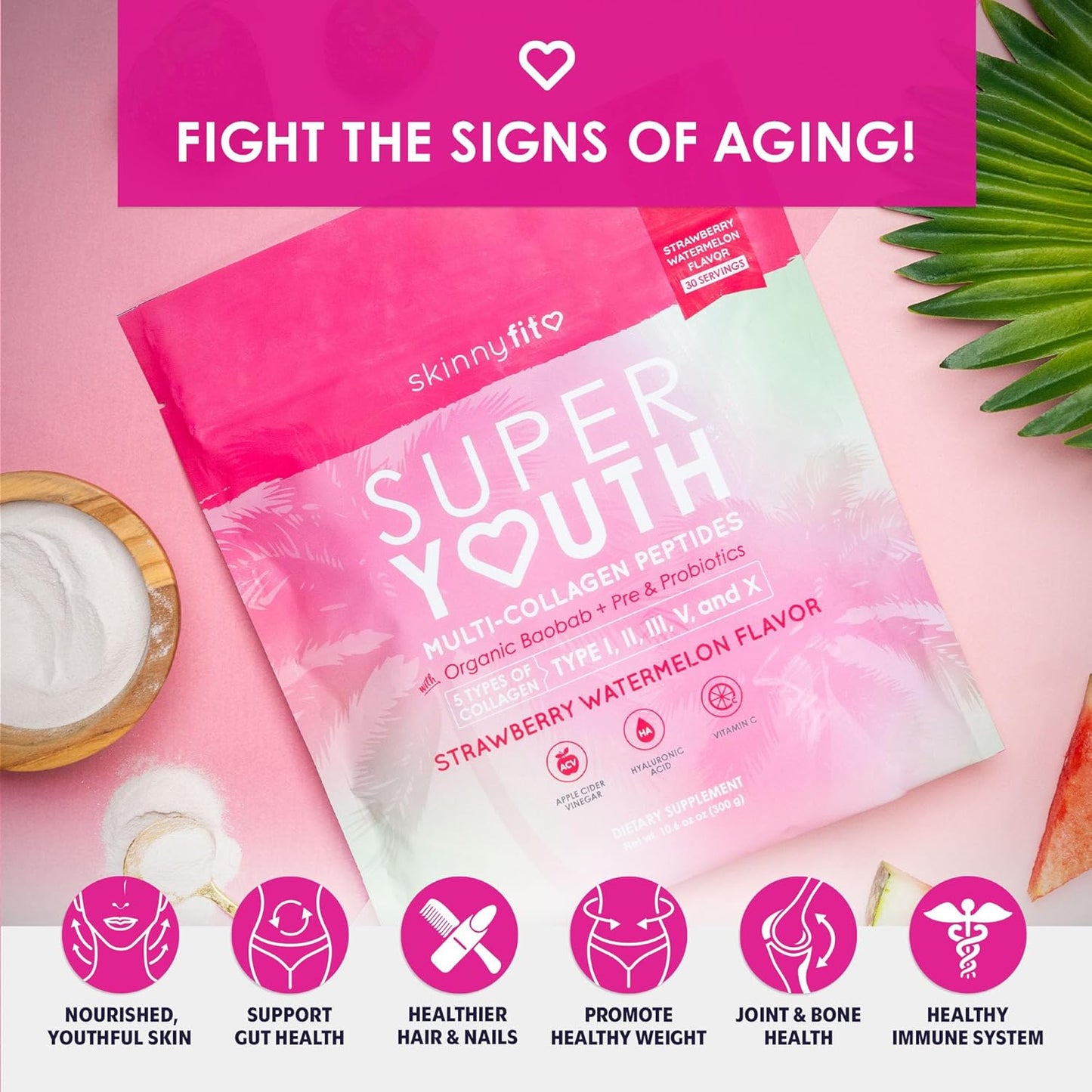 Super Youth Strawberry Watermelon Collagen Peptides with Probiotics, Fiber, Hyaluronic Acid, Vitamin C - Skin, Hair, Joint & Metabolism Support