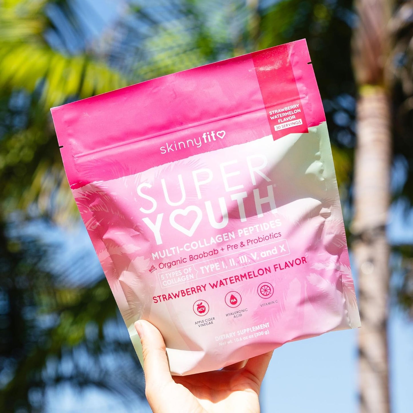 Super Youth Strawberry Watermelon Collagen Peptides with Probiotics, Fiber, Hyaluronic Acid, Vitamin C - Skin, Hair, Joint & Metabolism Support