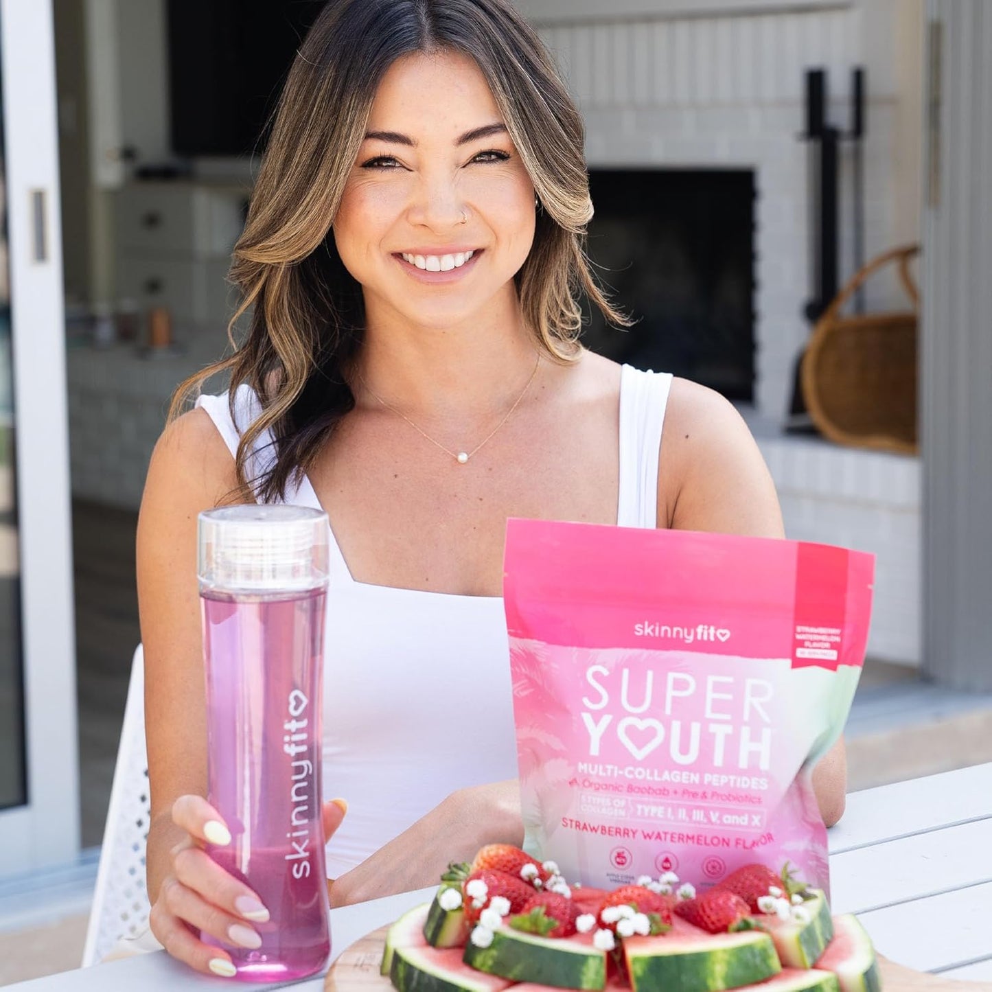 Super Youth Strawberry Watermelon Collagen Peptides with Probiotics, Fiber, Hyaluronic Acid, Vitamin C - Skin, Hair, Joint & Metabolism Support