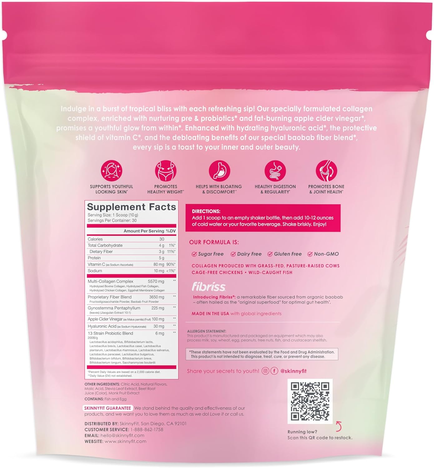 Super Youth Strawberry Watermelon Collagen Peptides with Probiotics, Fiber, Hyaluronic Acid, Vitamin C - Skin, Hair, Joint & Metabolism Support