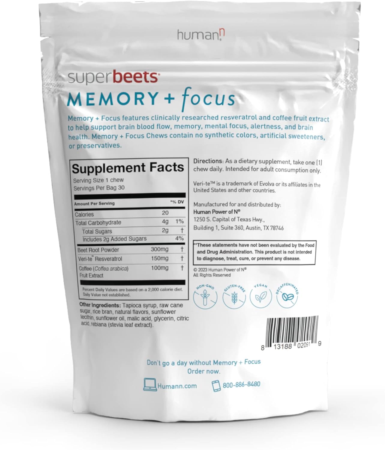 SuperBeets Advanced & Memory + Focus Chews - Boost Brain Health and Cognitive Function with humanN's Innovative Formula