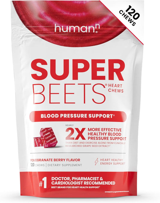 SuperBeets Heart Chews - Nitric Oxide & Blood Pressure Support, Grape Seed Extract, Non-GMO Beet Root Powder, Energy, Pomegranate Berry - 120 Count