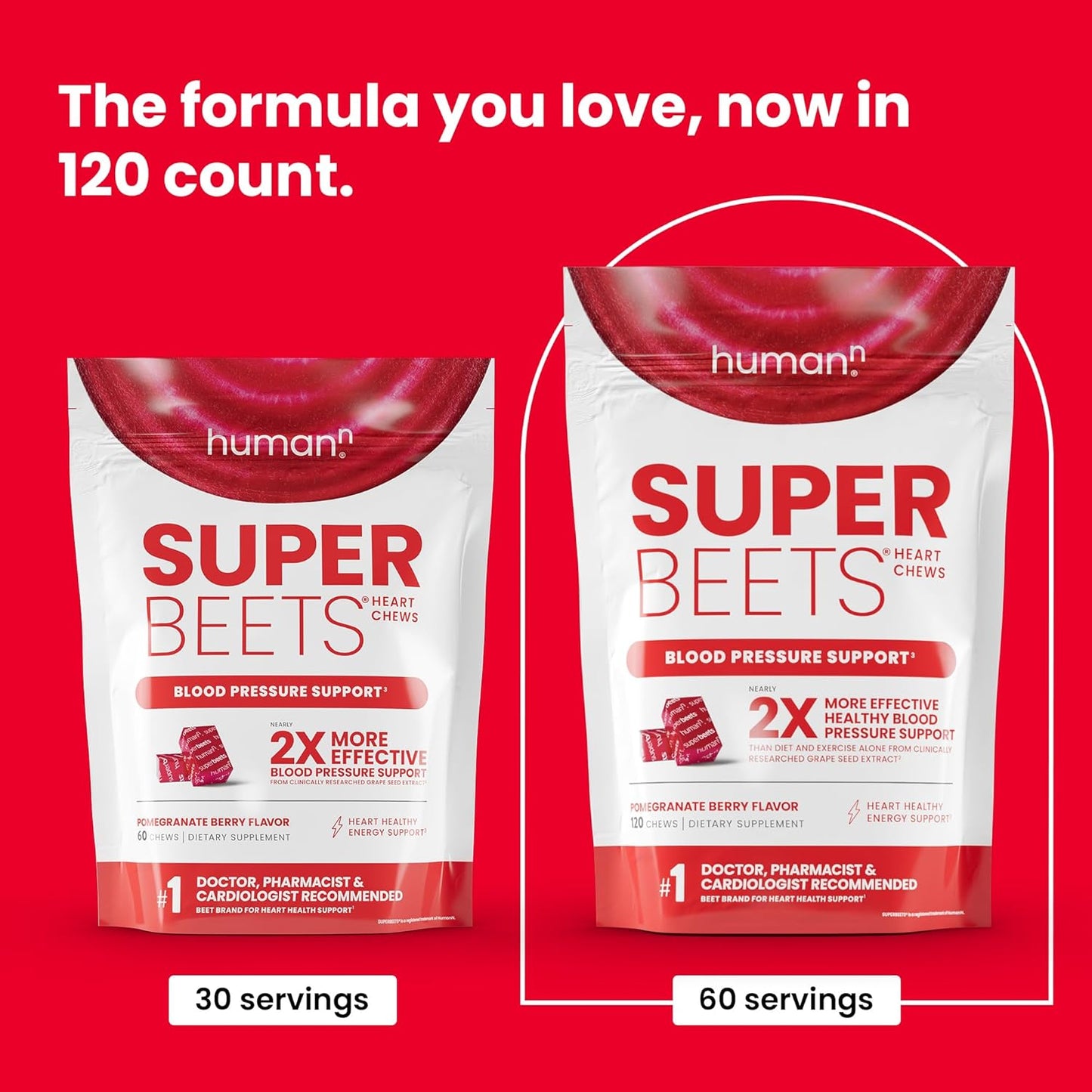 SuperBeets Heart Chews - Nitric Oxide & Blood Pressure Support, Grape Seed Extract, Non-GMO Beet Root Powder, Energy, Pomegranate Berry - 120 Count