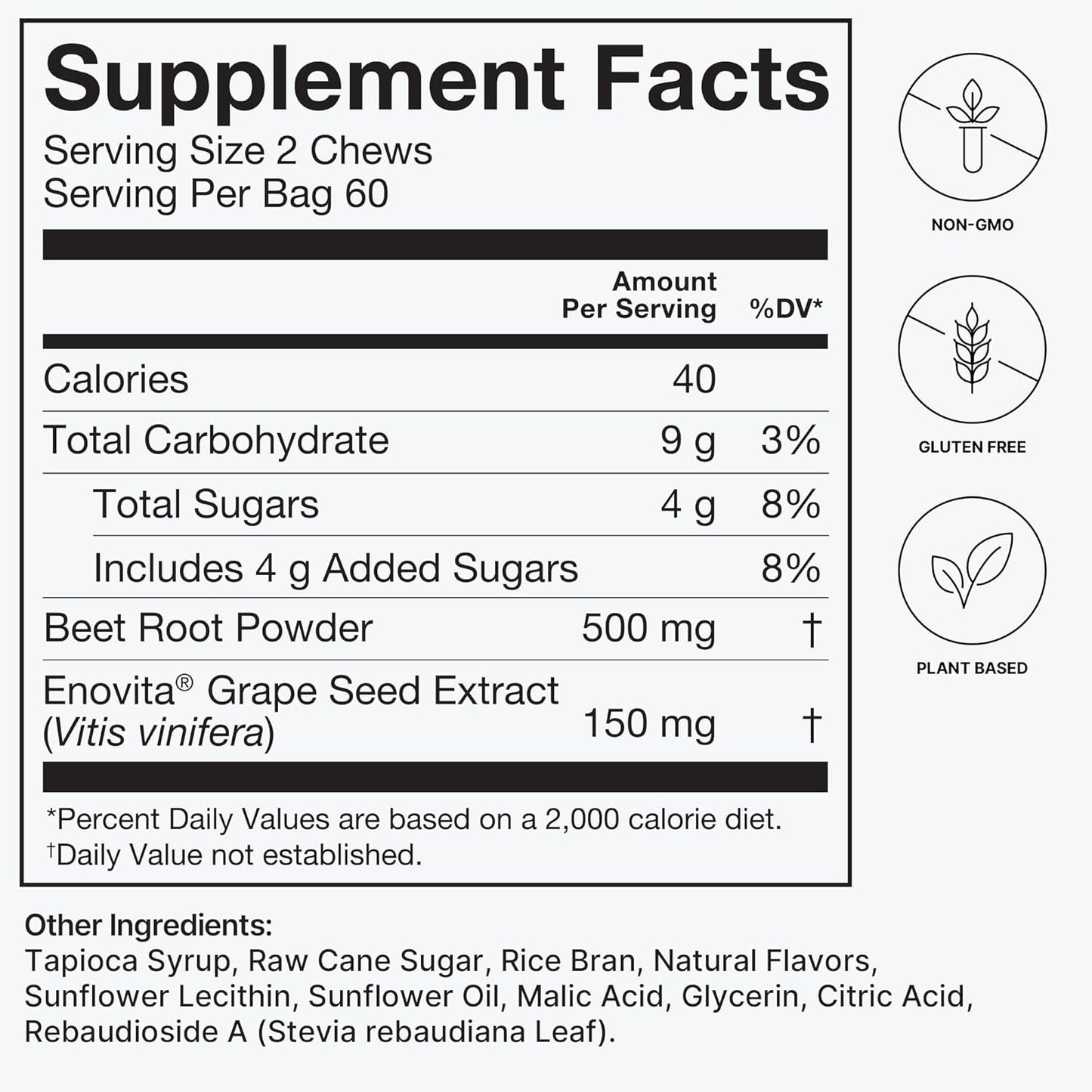 SuperBeets Heart Chews - Nitric Oxide & Blood Pressure Support, Grape Seed Extract, Non-GMO Beet Root Powder, Energy, Pomegranate Berry - 120 Count