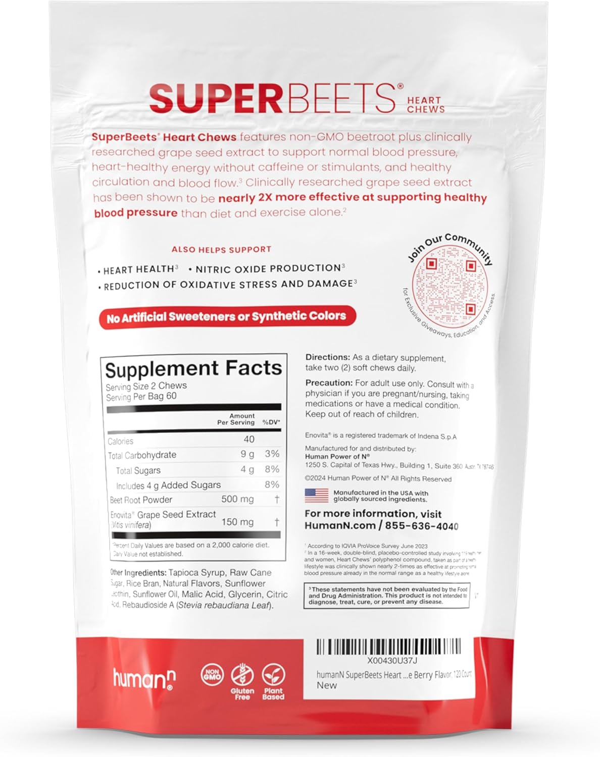SuperBeets Heart Chews - Nitric Oxide & Blood Pressure Support, Grape Seed Extract, Non-GMO Beet Root Powder, Energy, Pomegranate Berry - 120 Count
