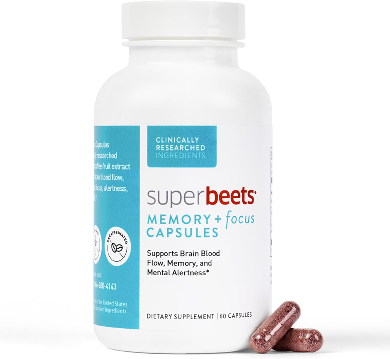 SuperBeets Memory & Focus Brain Supplement Capsules - Enhanced Mental Alertness with Clinically Studied Nootropics and Beet Root Powder - 60 Capsules