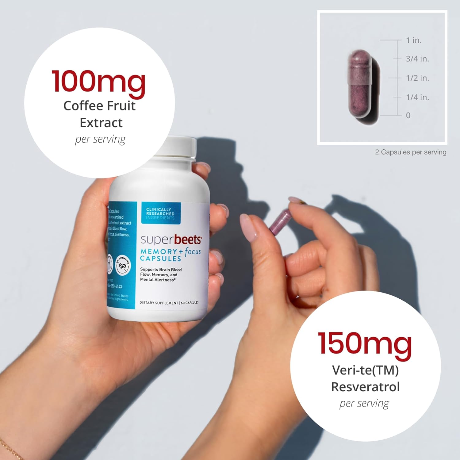 SuperBeets Memory & Focus Brain Supplement Capsules - Enhanced Mental Alertness with Clinically Studied Nootropics and Beet Root Powder - 60 Capsules