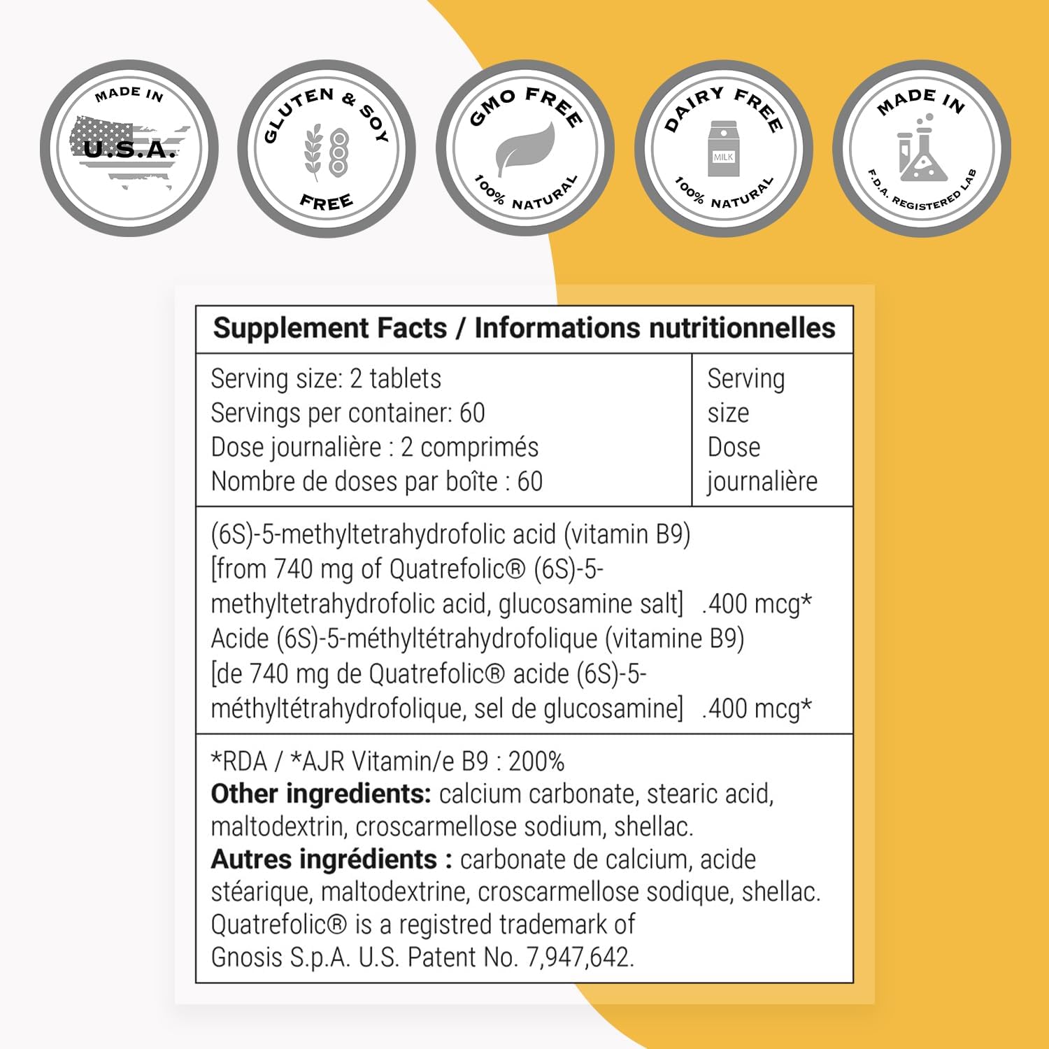 SuperFolate 400mcg - Bioavailable Quatrefolic 5-MTHF Supplement - Active Folate B9 - Non-GMO & Gluten Free - 120 Tablets